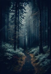 Fototapeta premium wide angle view of a dark gloomy foggy forest Generative AI