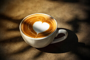 A cup of  heart shape  latte art coffee  with  shadow of tree branch on desk  in the morning