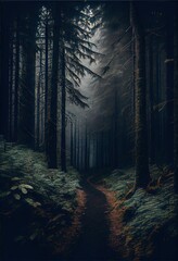 Naklejka premium wide angle view of a dark gloomy foggy forest Generative AI