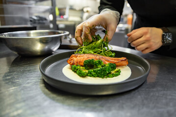 chef hand preparing a gourmet salmon steak with broccoli and salad on restaurant kitchen