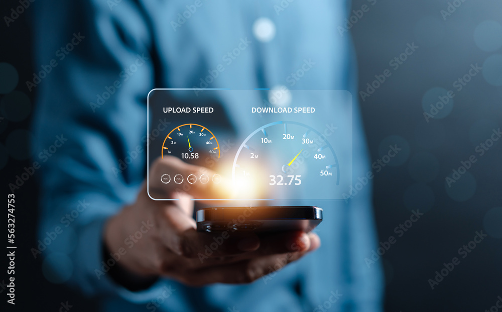 Aufkleber Fast internet connection speedtest bandwidth network technology, Man using Internet high speed by smartphone 5G quality, speed optimization.