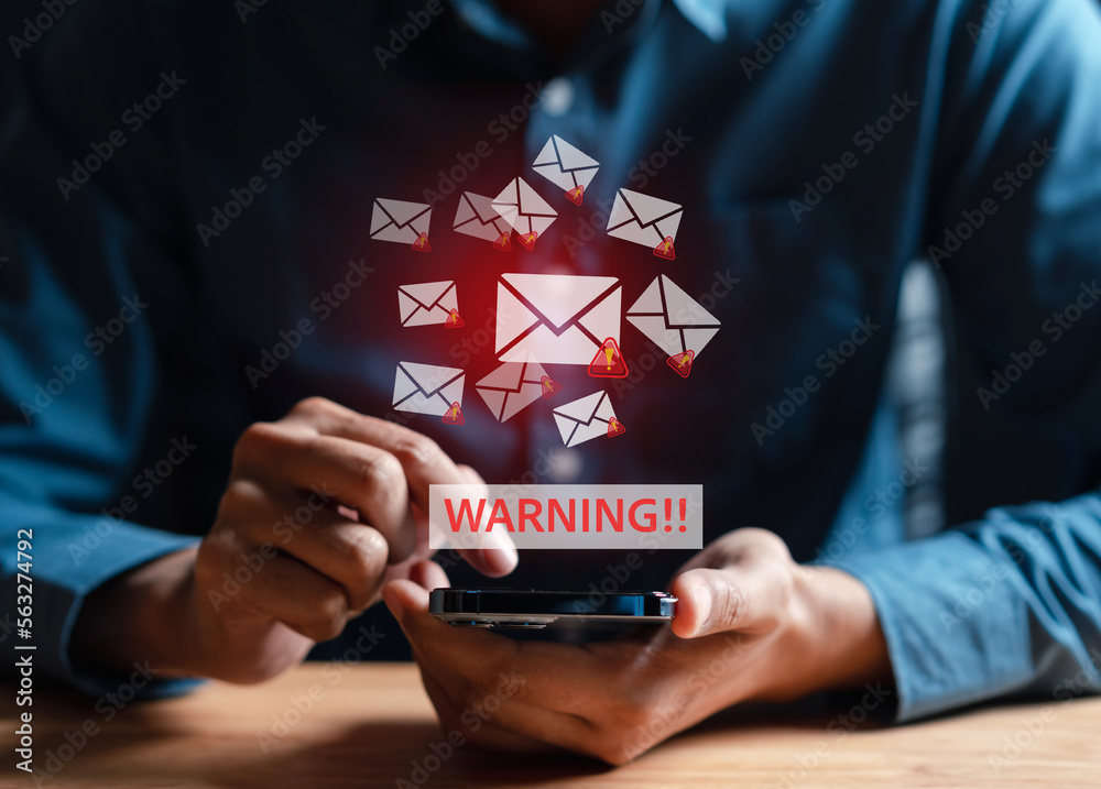 Poster email spam virus warning caution sign for notification on internet letter security protect, junk and
