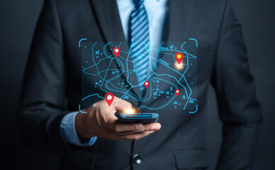 Businessman using smartphone searching world map with location point, GPS app, Destination travel...