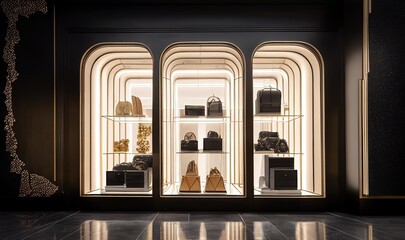 fashion, store, bag, shoes, art, lights, gallery, neon, pool, model, generated by ai