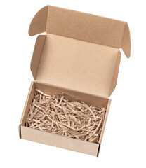 Open сardboard boxes for gifts or package with kraft paper shavings isolated on white background. Corrugated cardboard paper carton cargo container close up. parcels