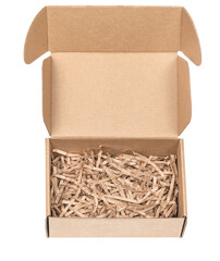 Open сardboard boxes for gifts or package with kraft paper shavings isolated on white background. Corrugated cardboard paper carton cargo container close up. parcels