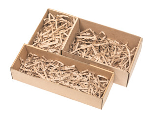 Open сardboard boxes for gifts or package with kraft paper shavings isolated on white background. Corrugated cardboard paper carton cargo container close up. parcels