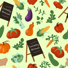 Vector vegetables seamless pattern in flat style. Collection farm locally grown product for restaurant menu, market label. Tomatoes, carrot, pepper, pumpkin, corn and plate isolated on background