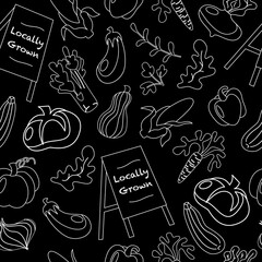 Vector vegetables seamless pattern in line art, outline style. Farm locally grown product for restaurant menu, market label. Tomatoes, carrot, pepper, pumpkin, corn and plate isolated background