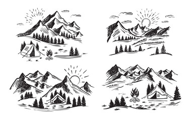 Tent camping in forest near mountains, set, hand drawn illustrations. Vector.	

