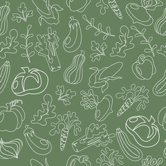 Vector vegetables seamless pattern in line art, outline style. Collection farm locally grown product for restaurant menu, market label. Tomatoes, carrot, pepper, pumpkin, corn isolated background