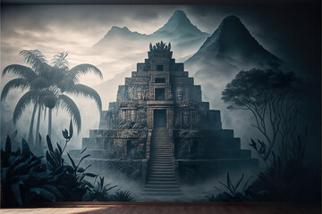 Ancient aztec pyramid or mayan temple in the jungle with mountains