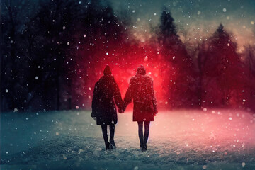 Fototapeta premium Couple in love on a walk holding hands in wintery scenery. Valentine's Day, Valentine's Day background, Generative AI