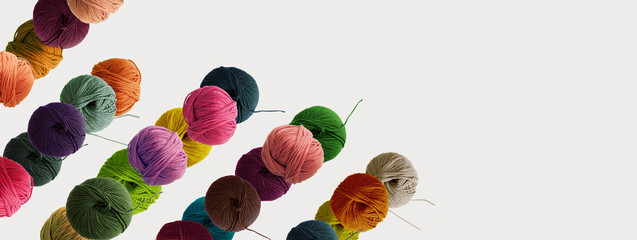 Balls of wool colored yarn for hand knitting and crochet on white background.  Diagonal pattern.  Recomforting hobby for cold winter concept. Mock up, flat lay, copy space, banner.