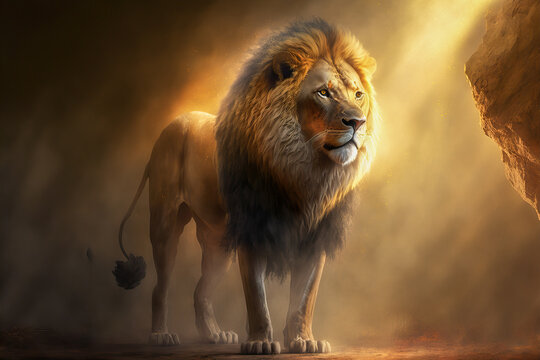 A huge lion in the light. Portrait of a aftican lion. Wild african animals.  Post-processed digital AI art
