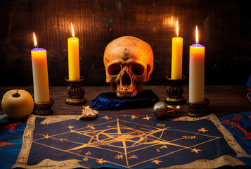 the concept of witchcraft and magic, an altar for communication with spirits - obrazy, fototapety, plakaty