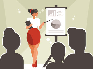 Business woman in a red skirt near the whiteboard with charts presents an annual report. Vector graphics