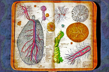 Drawings of microbes in antique book with annotations on an abstract language, illustration