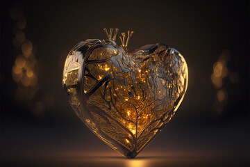 Fototapeta premium Golden glowing heart on a plain background, Valentine's Day, Valentine's Day background, Generative AI