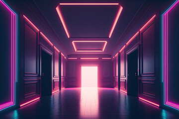 A minimal and symmetrical room with synthwave lighting. Generative AI