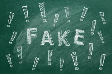 The word FAKE and exclamation marks written in chalk on a greenboard. Information and disinformation concept. Fake news. Hand drawn illustration.