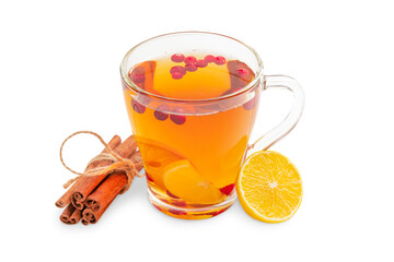 Antioxidant herbal vitamin hot tea mixed with red cranberries, sliced sour lemon citrus and cinnamon spice served in glass cup with ingredients isolated on white background used as healthy drink