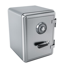 Steel safe with closed door on transparent background.