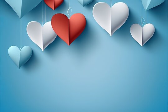 Valentines day banner design of paper hearts on blue background. Generative AI