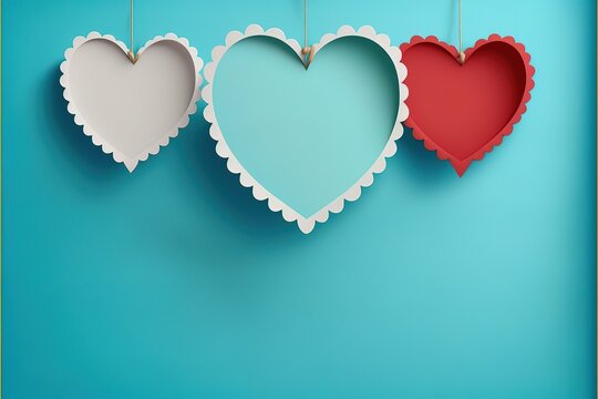 Valentines day banner design of paper hearts on blue background. Generative AI