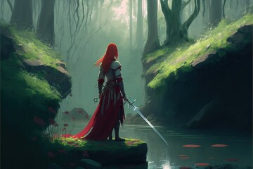 woman with her sword looking at the mysterious floating stones in the forest, digital art style, illustration painting, fantasy concept of a woman in the forest