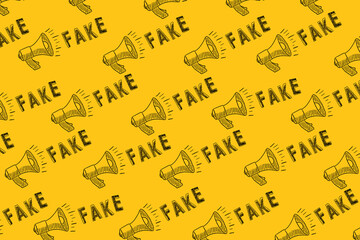 Pattern from megaphone icons and lettering FAKE drawn on yellow background. Concept of announce, media, information and disinformation. Fake news. Hand drawn illustration.
