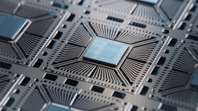 Semiconductor Packaging Process. Close-up of Silicon Dies Attached to Substrate during Computer Chip Manufacturing and Production at Fab.