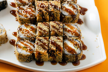 Various rolls on an orange background