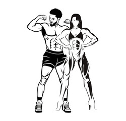 Fitness club logo with exercising athletic man and woman isolated on white, vector illustration, gym and fitness logo.