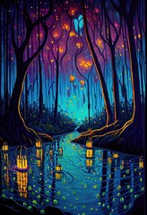 a mystical forest filled with lanterns and fireflies Generative AI