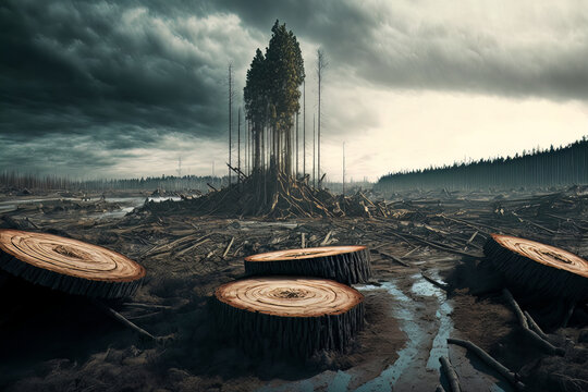 Deforestation with trees stump, ai generative illustration.