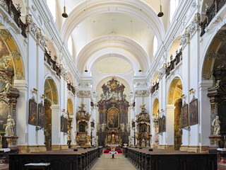 Fototapeta na wymiar Hradec Kralove, Czech Republic. Interior of Church of the Assumption of the Blessed Virgin Mary. The church was built in 1654-1666 by design of the Jesuit monk and architect Carlo Lurago.