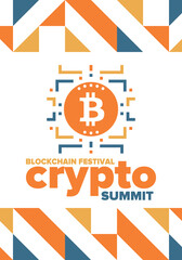 Crypto Summit. Blockchain Festival. Digital money and smart online technology. Finance, banking and business illustration. Cryptocurrency mining. Bitcoin logo. Flat design. Vector poster