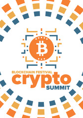Fototapeta na wymiar Crypto Summit. Blockchain Festival. Digital money and smart online technology. Finance, banking and business illustration. Cryptocurrency mining. Bitcoin logo. Flat design. Vector poster