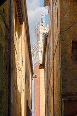 Fototapeta premium View on Torre del Mangia on Piazza del Campo from the narrow streets in the old town of Siena, Italy