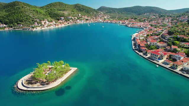 Aerial view of Lazareto island on Ithaca island, Kefalonia, Ionian sea, Greece