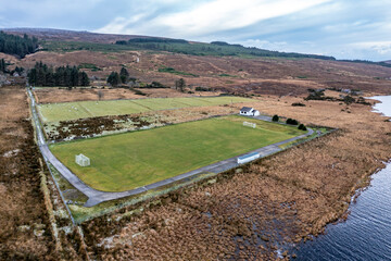Aerial view of the GAA pitch next to Mount Errigal in Donegal - Ireland.