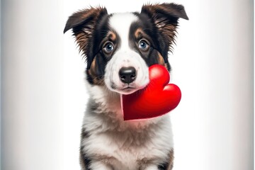 portrait of cute puppy with red heart Valentines Day concept. Generative AI