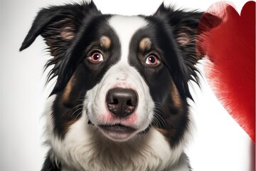 portrait of cute puppy with red heart Valentines Day concept. Generative AI