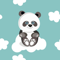 Obraz premium Seamless pattern with cute panda baby on color background. Funny asian animals. Card, postcards for kids. Flat vector illustration for fabric, textile, wallpaper, poster, gift wrapping paper