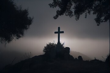 a cross stands on top of a hill in midnight misty Generative AI