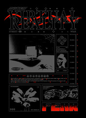 Retro futuristic poster with obsolete computers and "Virtual Reality" text. Abstract print with noise, for streetwear, print for t-shirts and sweatshirts on a black background