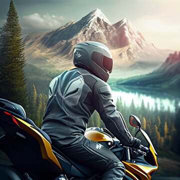 motorcyclist in a helmet on a picturesque mountain road