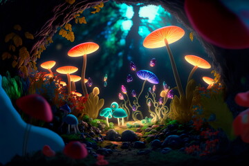 Obraz na płótnie Canvas Fantastic wonderland forest landscape with mushrooms and flowers.