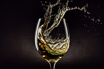 Weißwein spritzt in einem Weinglas auf schwarzen Hintergrund - Generative Ai - obrazy, fototapety, plakaty